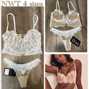 NWT White tan eyelash lace long line bundle of bra thong matching set S L